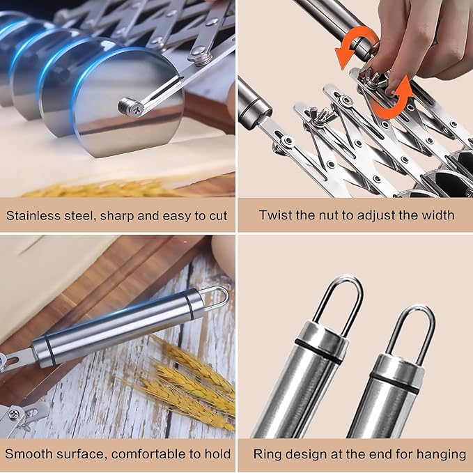 5 Wheel Pastry Cutter, Stainless Steel Dough Cutter Wheel with Handle, Dual Fluted Ravioli Pasta Noodle Pizza Slicer, Expandable Round Pastry Knife, Versatile Cookie Dough Divider - Image 6
