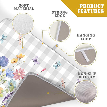 Giwawa Spring Floral Dish Drying Mat, Summer Flower Grey Buffalo Plaids Dish Drainer Mats, Wildflower Butterfly Check Reversible Drying Rack Pad Protector for Kitchen Countertop Decor, 18"x24"