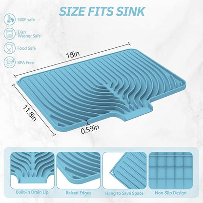 Dish Drying Mat for Kitchen Counter, with Built-in Drain Lip, Food-Grade Silicone, Easy Clean Pad for Countertop Protection, Multi-Functional Use (18x11.8, Light Blue) - Image 2