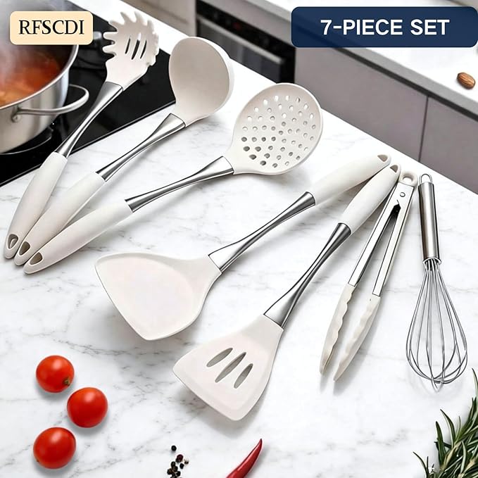 White Silicone Cooking Utensils Set-Non-Toxic, Heat Resistant, BPA Free Kitchen Utensils Set with Spatula, Spoon, Whisk & Tongs-Non-Stick& Dishwasher Safe for Nonstick Cookware - Image 6
