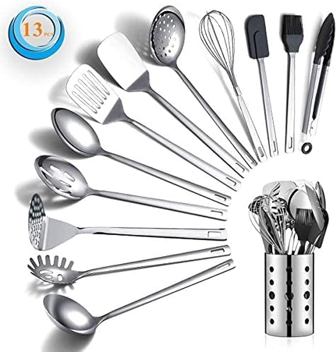 Stainless Steel Cooking Utensils Set, Berglander 13 Pieces Kitchen Utensils Set, Kitchen Tools Set With Utensil Holder Non-Stick And Heat Resistant,Dishwasher Safe, Easy to Clean (13 Packs) by Berglander