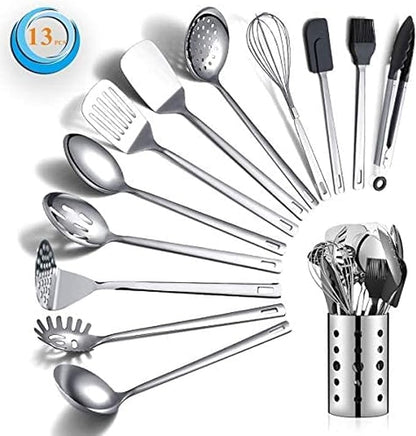 Stainless Steel Cooking Utensils Set, Berglander 13 Pieces Kitchen Utensils Set, Kitchen Tools Set With Utensil Holder Non-Stick And Heat Resistant,Dishwasher Safe, Easy to Clean (13 Packs) by Berglander