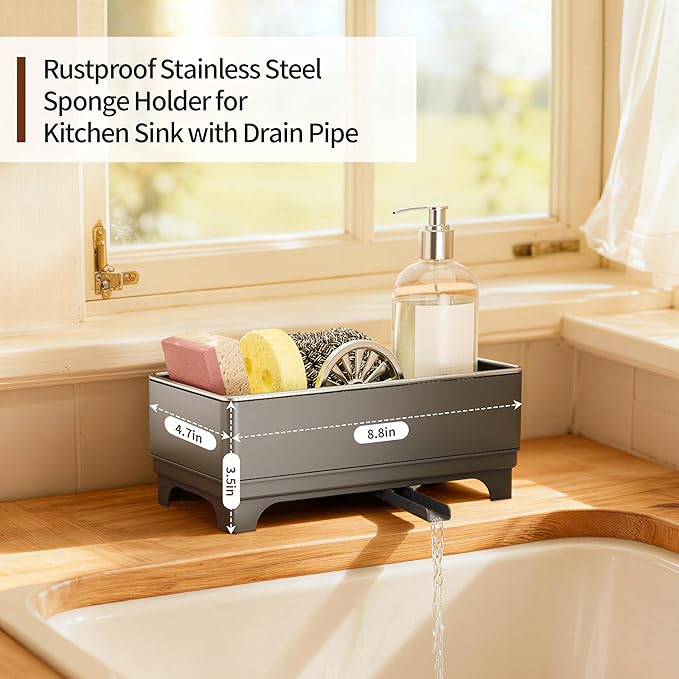 MOUKABAL Sponge Holder for Kitchen Sink – Rustproof Stainless Steel, 360° Rotating Drain Pipe, Large Counter Organizer with Drip Tray for Sponges, Brushes & Dish Cloths Grey - Image 2