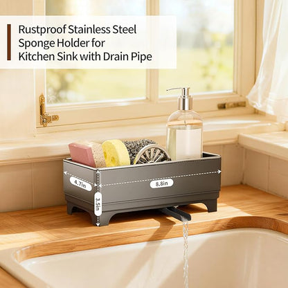 MOUKABAL Sponge Holder for Kitchen Sink – Rustproof Stainless Steel, 360° Rotating Drain Pipe, Large Counter Organizer with Drip Tray for Sponges, Brushes & Dish Cloths Grey - Image 2