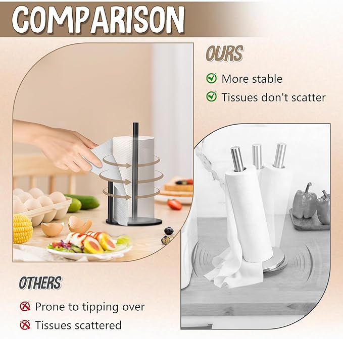 Paper Towel Holder Countertop, Premium Stainless Steel Black Paper Towel Holder with Anti Slip & Waterproof, Freestanding Countertop Paper Towels Holder for Kitchen, Tabletop, Bathroom - Image 6