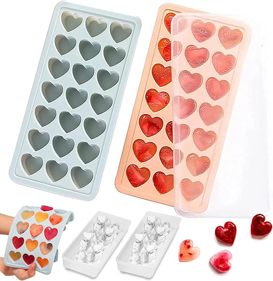 2 Pack Heart Shpaed Ice Cube Trays with Lids, 42 Holes Silicone Heart Ice Cube Molds for Whiskey, Cocktail, Fun Shapes Ice Cubes, Chocolate, Candle, Candy, Jelly, Jello - with Lids Bins by FOSOE