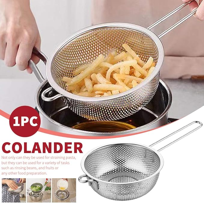 Stainless Steel Colander Fine Mesh Colander with Long Handle, Kitchen Metal Food Strainers with Resting Feet for Strain, Rinse, Fry, Steam or Cook Vegetables & Pasta & Wash fruits(COLOR:silver) - Image 4