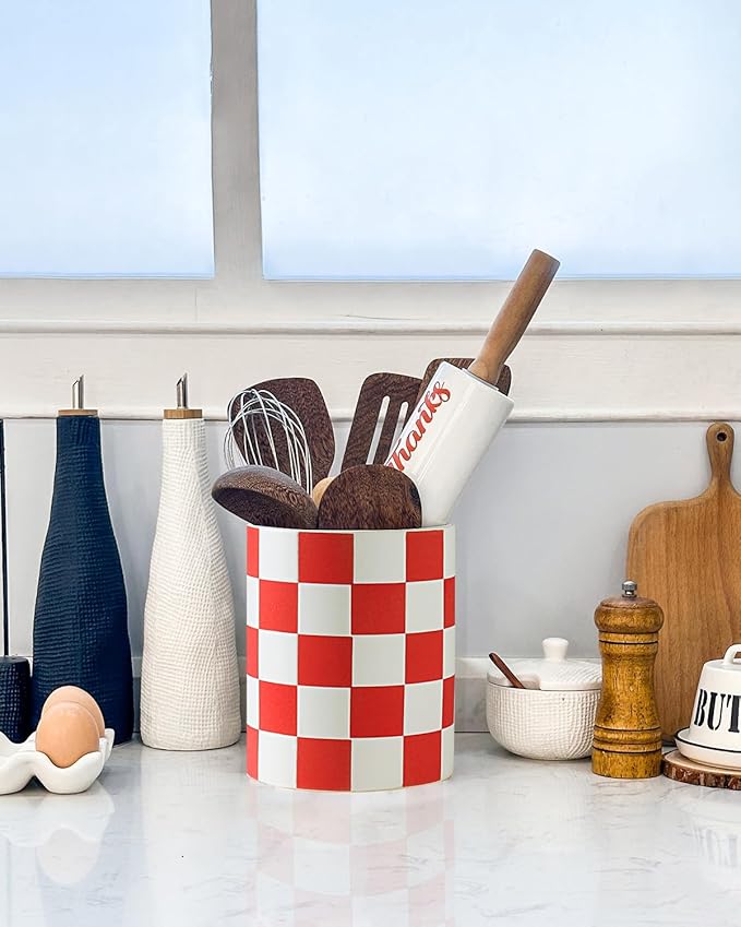 Utensil Holder, 7.2 Inch Checkered Utensil Holder, Ceramic Cooking Utensil Spoon/Spatula Holder for Countertop, Kitchen Decor and Accessories for counte(Red) - Image 5