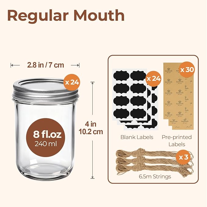 ComSaf Small Mason Jars 8 oz 24Pcs Bulk Set, Half Pint Regular Mouth Mason Jar with Lids and Seal Bands, Glass Canning Jars for Jam, Jelly, Spice, Meal Prep, Shower Wedding Favors, DIY Candles Decor - Image 2