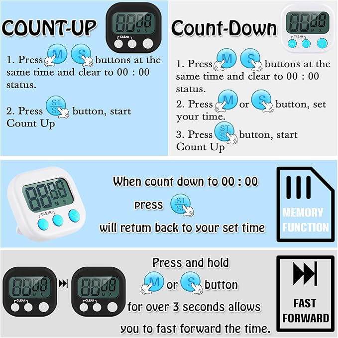 Xuhal 50 Pieces Digital Kitchen Timer Bulk, Small Magnetic Timers for Classroom, Digits Stopwatch Clock Timer for Cooking Baking Sports Games Office, Not Including Battery (Black,White) - Image 4