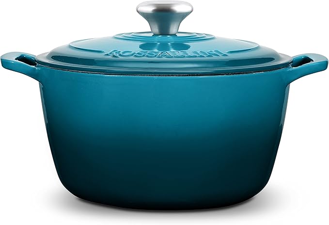 ROSSALLINI Signature Enameled Cast Iron Dutch Oven, Non-Stick Serving Pot with Tight Fitting Lid for Perfect Roasting, Baking, Sauteing, and Bread Making | 13.5Q (12.7L) - Ocean Blue