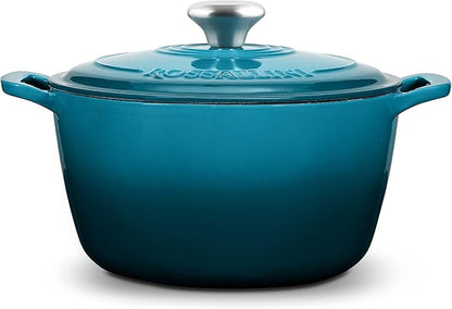 ROSSALLINI Signature Enameled Cast Iron Dutch Oven, Non-Stick Serving Pot with Tight Fitting Lid for Perfect Roasting, Baking, Sauteing, and Bread Making | 13.5Q (12.7L) - Ocean Blue