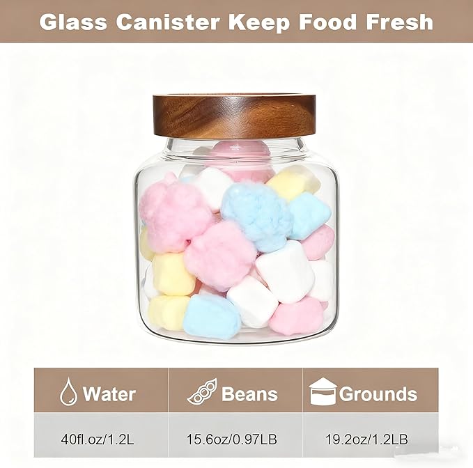 40 oz Glass Jars with Wooden Airtight Lid Herb Spice Canister Round Clear Glass Food Storage Container for Pantry Sugar Tea Coffee Bean Spice Cookies Bath Salts (1200ml/40oz-1 Pack) - Image 3