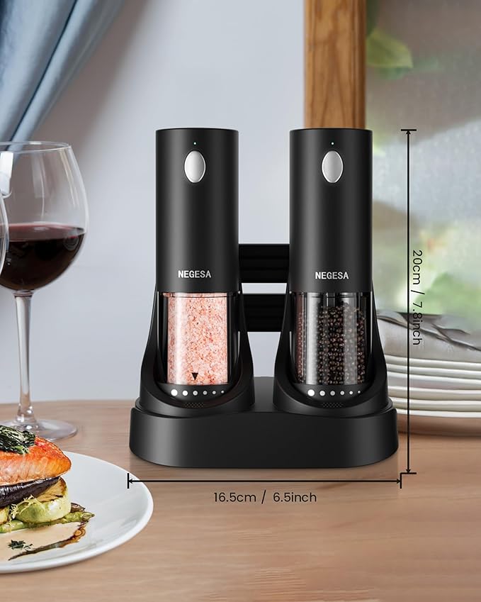 Electric Salt and Pepper Grinder Set with Rechargeable Base - Automatic Refillable Electric Salt and Pepper Shakers with Large Capacity, LED Light & Adjustable Coarseness, Black - Image 8