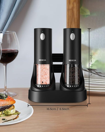 Electric Salt and Pepper Grinder Set with Rechargeable Base - Automatic Refillable Electric Salt and Pepper Shakers with Large Capacity, LED Light & Adjustable Coarseness, Black - Image 8