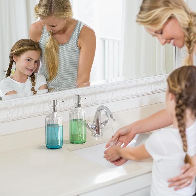 AmazerBath Soap Dispenser, 2 Pack Glass Soap Dispenser with Pump Stainless Steel, 17 Oz Hand Soap Bottles Bathroom Kitchen, Clear - Image 8