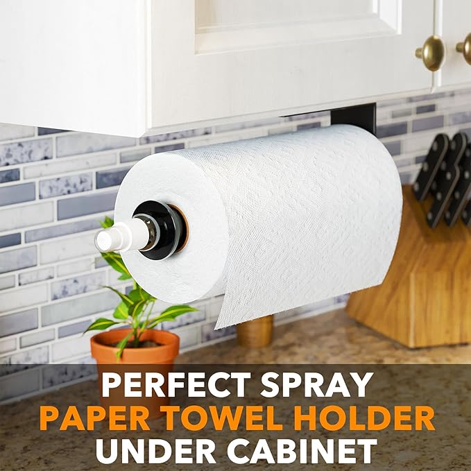 SpaceAid SprayNeat Paper Towel Holder with Spray Bottle, Under Cabinet Paper Towels Holders with Sprayer Inside Center, Hanging Wall Mount Papertowels Roller for Kitchen and Bathroom (Black)