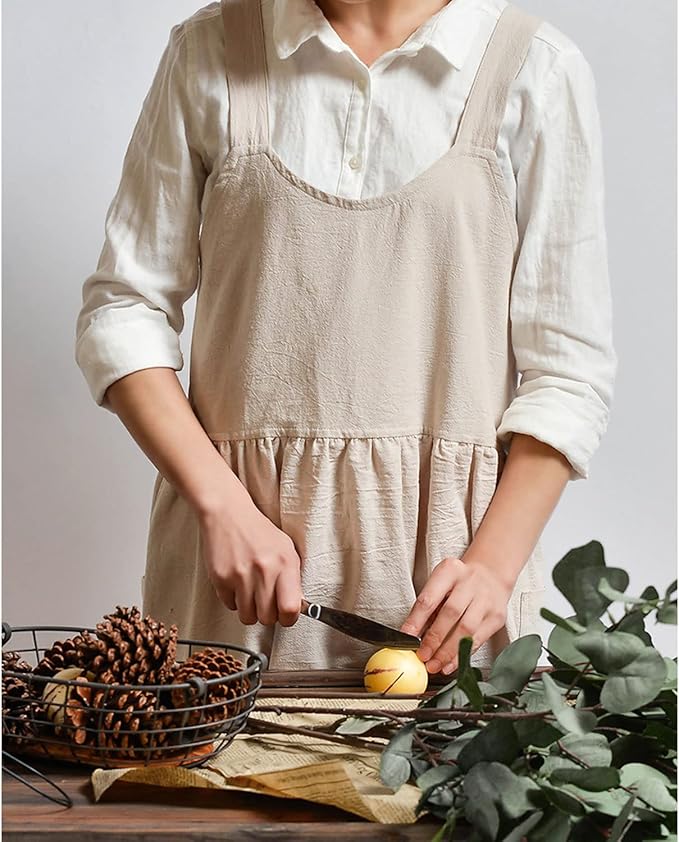 Uaussi Cotton Linen Apron Cross Back Work Apron for Women with Pockets Pinafore Dress X Cross Halter Apron for Chef Gardening - Image 5