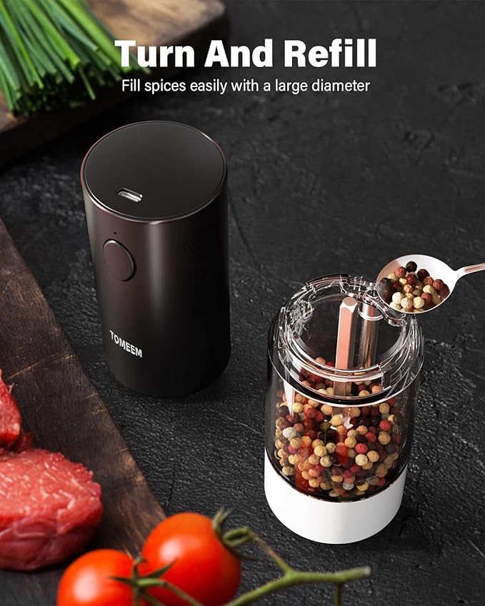 Upgraded Larger Capacity Electric Salt and Pepper Grinder Set Rechargeable with LED lights, Stainless Steel Automatic Pepper and Salt Grinder Refillable with 5 Adjustable Coarseness Black - White - Image 5