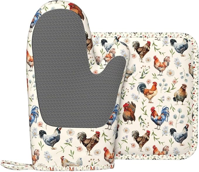 Cute Chicken Oven Mitts and Pot Holders Set, Heat Resistant & Non-Slip Silicone Oven Gloves for Handling Hot Pots, Pans, Baking, Grilling and BBQ