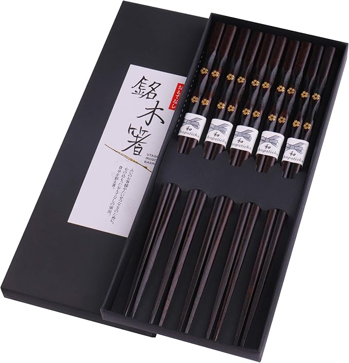 5 Pairs Chopsticks Wooden, Glamfields Reusable Chop sticks, Non-slip Japanese Style gift set by GLAMFIELDS