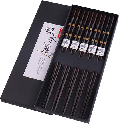 5 Pairs Chopsticks Wooden, Glamfields Reusable Chop sticks, Non-slip Japanese Style gift set by GLAMFIELDS