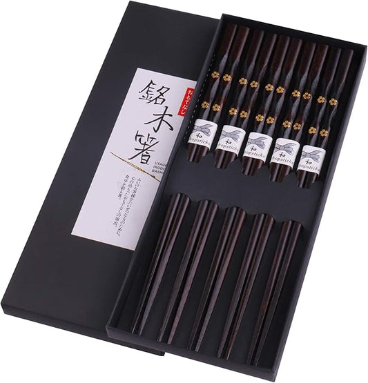 5 Pairs Chopsticks Wooden, Glamfields Reusable Chop sticks, Non-slip Japanese Style gift set by GLAMFIELDS