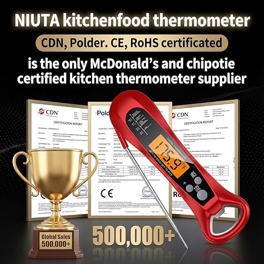 Therm Pro® Chef Meat Thermometer Digital, 1 Sec Instant Read, NIST® Certified Accurate to ±0.5℉, Ultra Bright LED Screen, IP67, Auto-Rotate, for BBQ, Turkey, Candy, Liquids Valentine's gift Cherry Red