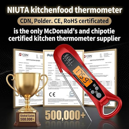 Therm Pro® Chef Meat Thermometer Digital, 1 Sec Instant Read, NIST® Certified Accurate to ±0.5℉, Ultra Bright LED Screen, IP67, Auto-Rotate, for BBQ, Turkey, Candy, Liquids Valentine's gift Cherry Red