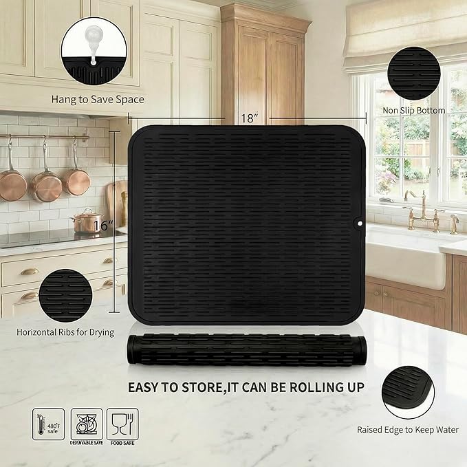 MicoYang Silicone Dish Drying Mat for Multiple Usage,Easy clean,Eco-friendly,Heat-resistant Silicone Mat for Kitchen Counter or Sink,Refrigerator or Drawer Liner Coffee XL 18 inches x 16 inches - Image 2