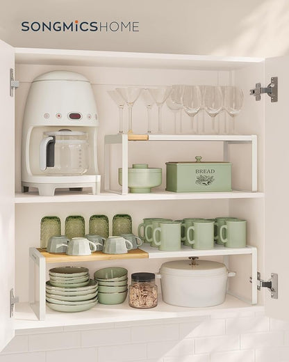 SONGMICS HOME Spice Racks, Expandable Cupboard Shelf Orgnizers, Kitchen Counter Shelves, Bamboo and Metal, Space-Saving Shelving, Stackable, Light Bamboo and Cream White UKCS051N01 - Image 2