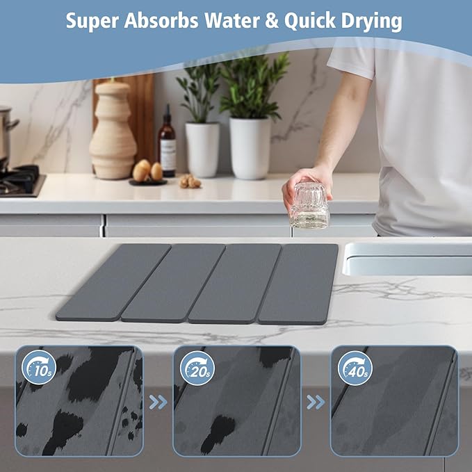 Large Stone Drying Mats for Kitchen Counter, Quick Dry Stone Dish Drying Mat 24"(L)×16"(W), Foldable Absorbent Diatomaceous Pad for Dish Rack, Plates, Cups, Pans