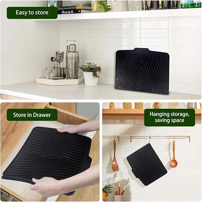 Silicone Dish Drying Mat 16x13,Food-Grade Silicone,Easy Clean Pad for Countertop Protection,Heat Resistant,Easy Clean,Non-Slip Drain Pad with Built-in Drain,Multi-Functional Use,Black - Image 4