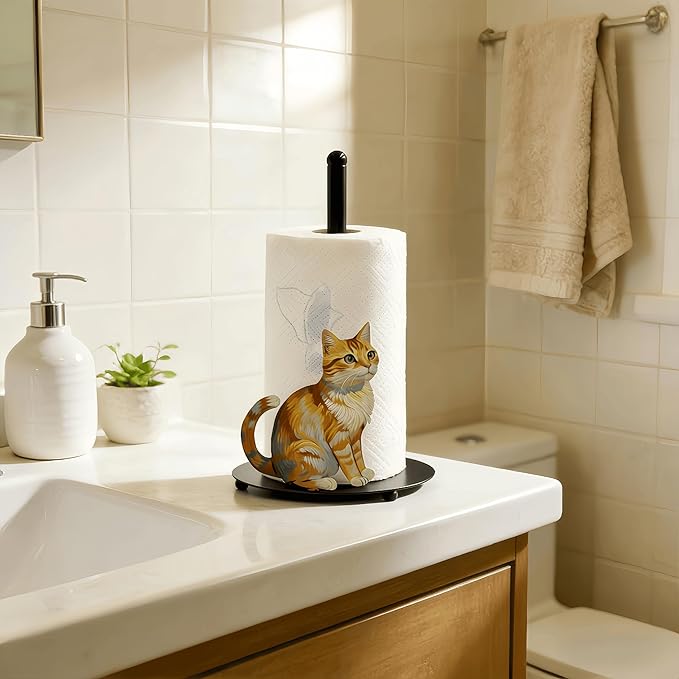 Cat Paper Towel Holder Countertop, Freestanding Paper Roll Holder, Easy One-Handed Tear Kitchen Paper Towel Stand with Weighted Base, Cute Animal Home Decor for Kitchen and Bathroom Countertop(1 Pack)
