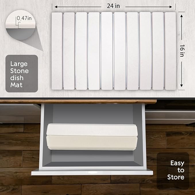 Large Stone Dish Drying Mat for Kitchen Counter, 24"(L)×16"(W) Fast Dry Super Absorbent Collapsible Dish Drying Mats, Eco-Friendly Diatomaceous Earth Mats for Dishes Bottles Cups,Match Any Countertop