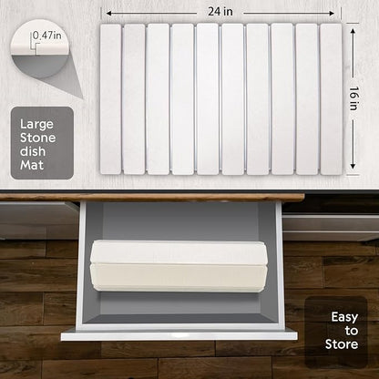 Large Stone Dish Drying Mat for Kitchen Counter, 24"(L)×16"(W) Fast Dry Super Absorbent Collapsible Dish Drying Mats, Eco-Friendly Diatomaceous Earth Mats for Dishes Bottles Cups,Match Any Countertop