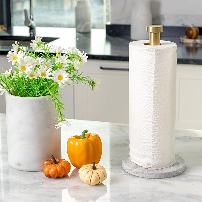 Koville Paper Towel Holder Countertop, Standing Paper Roll Holder with 6" Weighted Marble Base, Stone Paper Towel Holder with Gold Stainless Steel Rod for Kitchen Bathroom (River White)