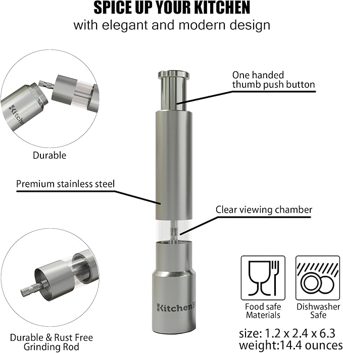 Modern Thumb Click Salt and Pepper Grinder with Refillable Peppermill - Perfect for Himalayan Salts, Black Pepper, Sea Salt, Peppercorns, Spices Push Button for 1 hand operation