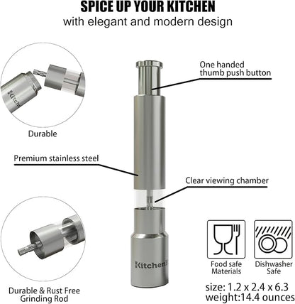 Modern Thumb Click Salt and Pepper Grinder with Refillable Peppermill - Perfect for Himalayan Salts, Black Pepper, Sea Salt, Peppercorns, Spices Push Button for 1 hand operation