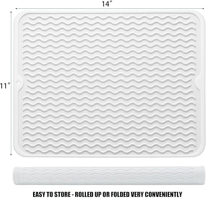 Large 14" x 11" Silicone Dish Drying Mat for Kitchen Counter, Easy clean, Quick Dry, Heat-resistant Dish Drainer Mat for Sink,Refrigerator or Drawer liner (Food Grade Silicone-White) - Image 2