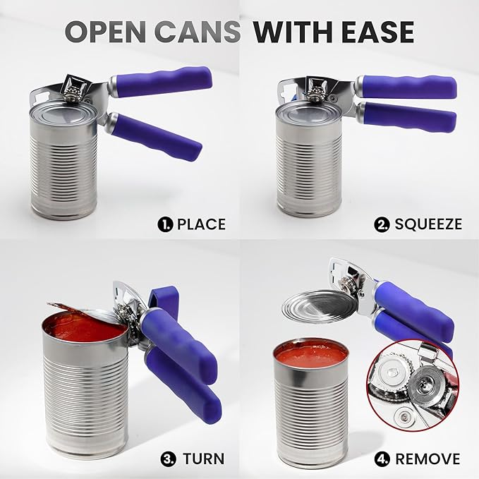 Zulay Kitchen Heavy Duty Stainless Steel Can Opener Manual with Bottle Opener - Rust Proof Manual Can Opener With Turn Knob & Comfy Soft Grip Handles - Purple - Image 6
