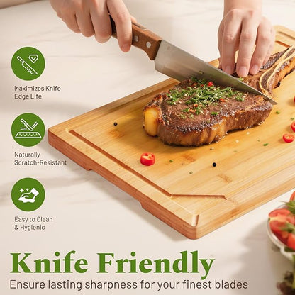Kikcoin Over Sink Bamboo Cutting Boards for Kitchen - 3+1 Piece Self-Draining Healthy Wood Cutting Board Set with Built in Handle& Spout, Charcuterie& Meat Extra Large Butcher Chopping Boards, Natural - Image 4