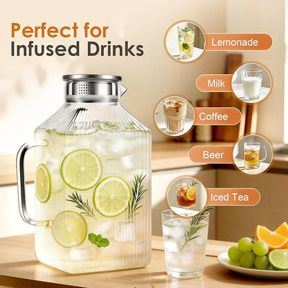 1 Gallon thickened Square Glass Pitcher with Lid, Spout and Handle, Striped Water Pitcher for Fridge, Borosilicate Glass Carafe for Cold Water & Hot Brew, Large Jug for Iced Tea, Coffee, Juice