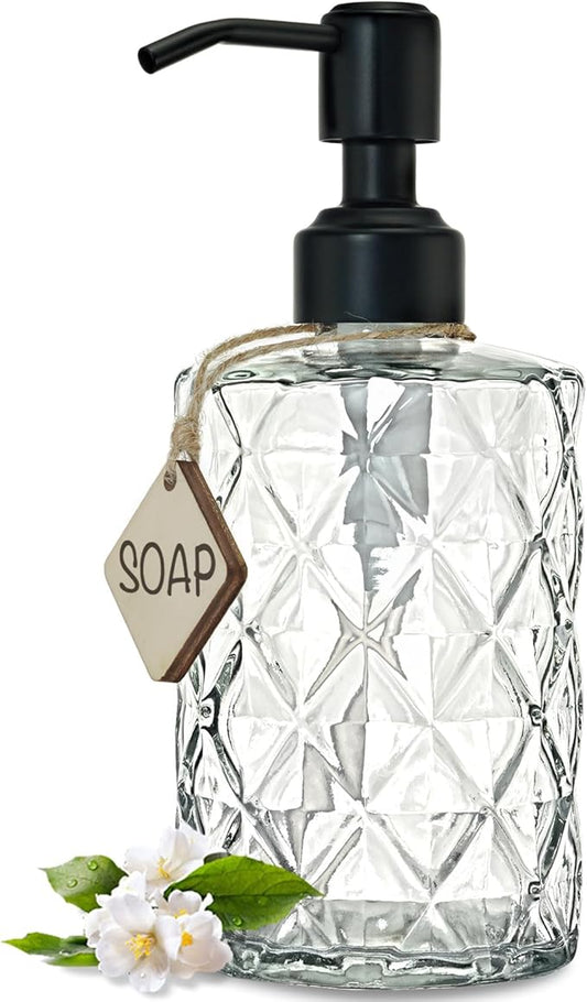 JASAI Diamond Design 12 Oz Glass Soap Dispenser with Black Pump, Small Hand soap Dispenser with Rust Proof Pump, Bathroom Soap Dispenser for Hand Soap, Soap, Lotion(Black). by JASAIHOME