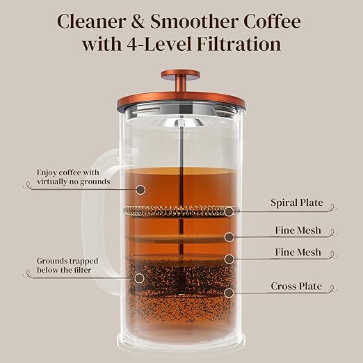Veken French Press Coffee Maker 34oz 1 L, No Plastic Touching Cafe, Heat Resistant Thickened Borosilicate Glass, Stainless Steel Brewer, Cold Brew Cafetera Teapot for Kitchen Travel Camping, Copper - Image 6