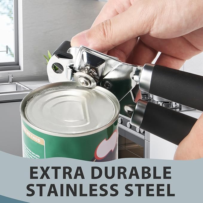 Safring Can Opener Manual, Heavy Duty Handheld Strong Can Opener with Soft Touch Handle, Sharp Blade Smooth Edge, Can Openers with Multifunctional Bottle Opener, Black - Image 4