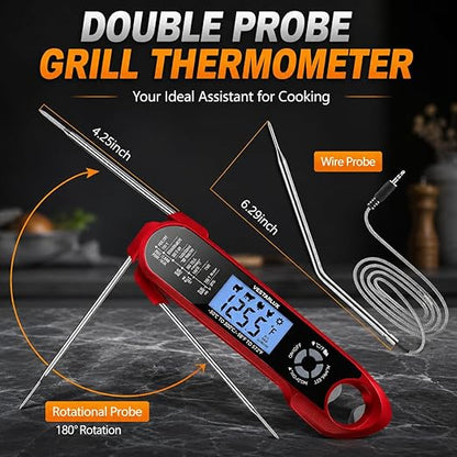 Digital Instant Read Meat Thermometer Waterproof Kitchen Food Cooking Thermometer Dual Probes Backlight, Alarm, °F/°C for BBQ Grill Smoker Steak Turkey Frying Baking Oven Water Oil