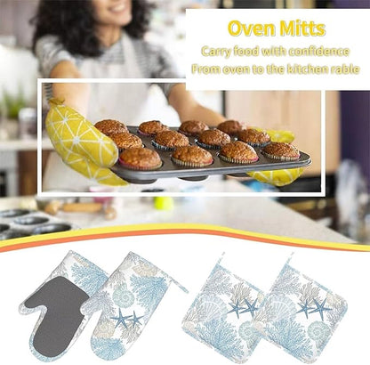 Nautical Coastal Oven Mitts Pot Holders Blue Cooking Apron Set of 5 Silicone Starfish Seashell Coral Beach Themed Kitchen Glove Blue Apron Non-Slip Heat Resistant for Chef Baking Cooking