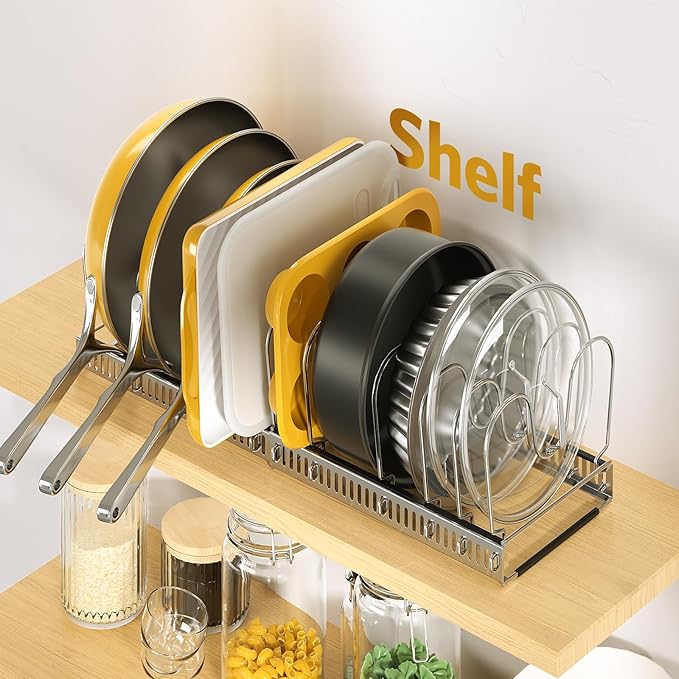 ORDORA Pots and Pans Organizer under Cabinet with Pan Holder: Expandable 11.8"-22.8" Kitchen Cabinet Organizer Rack, 12 Adjustable Dividers Storage for Cookie Sheets, Cutting Boards & Lid, Silver - Image 7