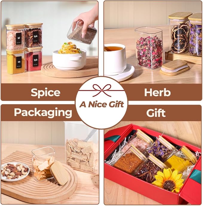 Comsaf Spice Jars with Label，8 oz Small Glass Jars with Lids, 6 Pcs Seasoning Containers, Rectangle Glass Containers with Lids, Empty Seasoning Jars for Pantry Storage, Loose Tea, Herbs, Powders, Salt - Image 3
